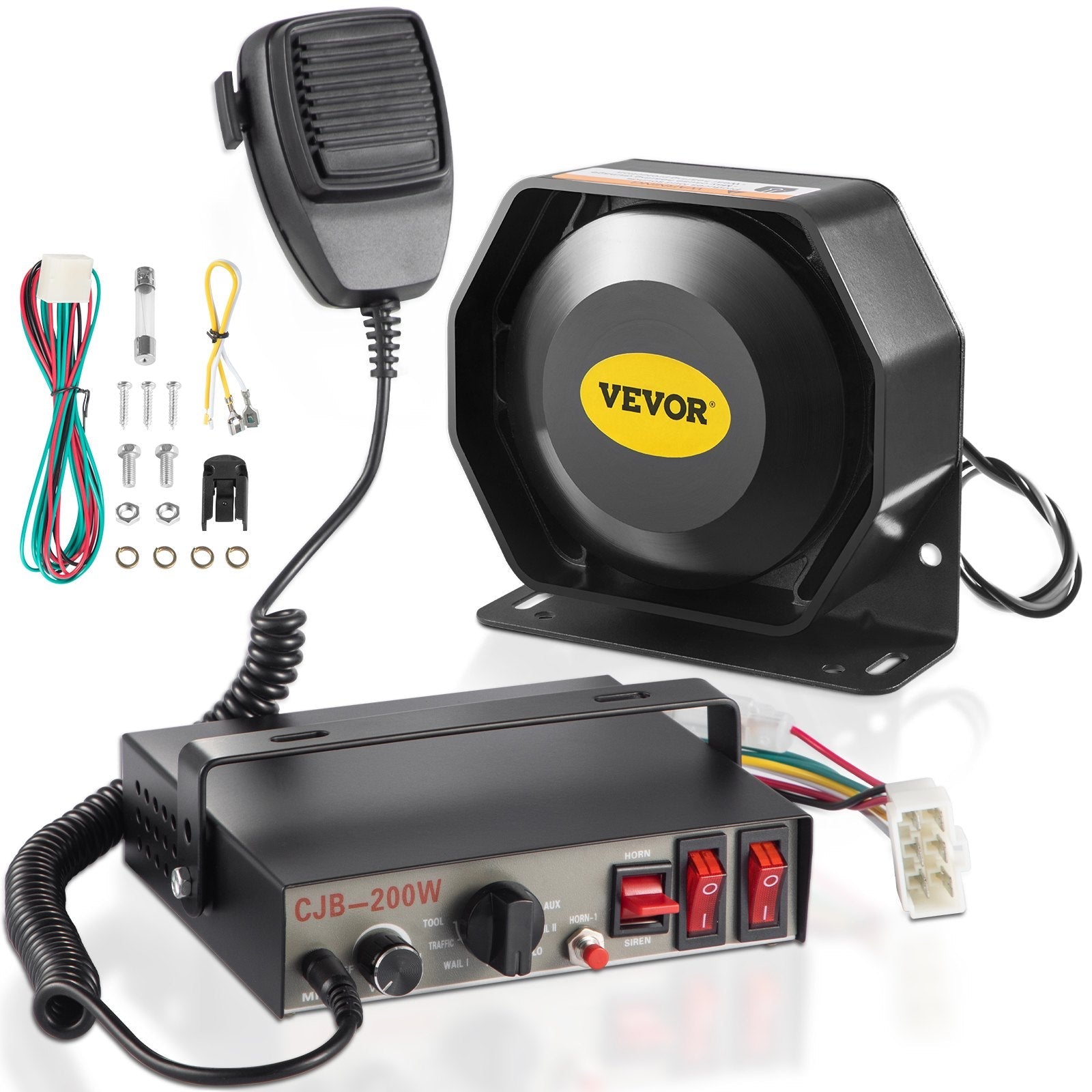 VEVOR Police Sirens 200W 9-Tone Car Warning Alarm Handhold Microphone Light Control Switches Emergency Electronic PA System for Cars Fire Trucks 