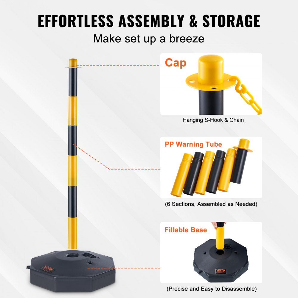 VEVOR Adjustable Traffic Delineator Post Cones, 2 Pack, Traffic Safety Delineator Barrier with Fillable Base 8FT Chain, for Traffic Control Warning Parking Lot Construction Caution Roads, Yellow&Black 