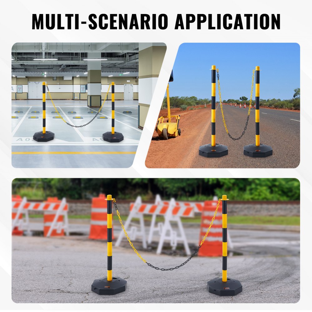 VEVOR Adjustable Traffic Delineator Post Cones, 2 Pack, Traffic Safety Delineator Barrier with Fillable Base 8FT Chain, for Traffic Control Warning Parking Lot Construction Caution Roads, Yellow&Black 