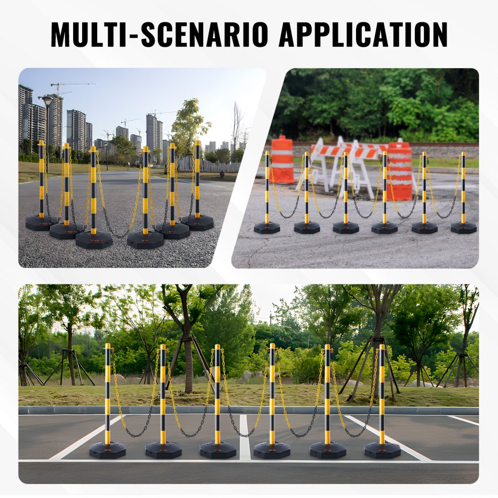 VEVOR Adjustable Traffic Delineator Post Cones, 6 Pack, Traffic Safety Delineator Barrier with Fillable Base 8FT Chain, for Traffic Control Warning Parking Lot Construction Caution Roads, Yellow&Black 