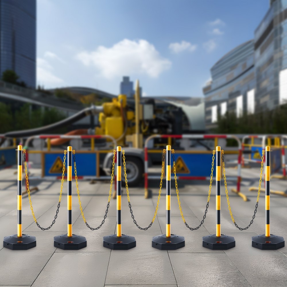 VEVOR Adjustable Traffic Delineator Post Cones, 6 Pack, Traffic Safety Delineator Barrier with Fillable Base 8FT Chain, for Traffic Control Warning Parking Lot Construction Caution Roads, Yellow&Black 