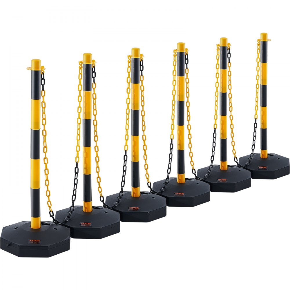 VEVOR Adjustable Traffic Delineator Post Cones, 6 Pack, Traffic Safety Delineator Barrier with Fillable Base 8FT Chain, for Traffic Control Warning Parking Lot Construction Caution Roads, Yellow&Black 