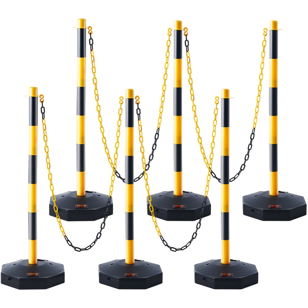 VEVOR Adjustable Traffic Delineator Post Cones, 6 Pack, Traffic Safety Delineator Barrier with Fillable Base 8FT Chain, for Traffic Control Warning Parking Lot Construction Caution Roads, Yellow&Black 