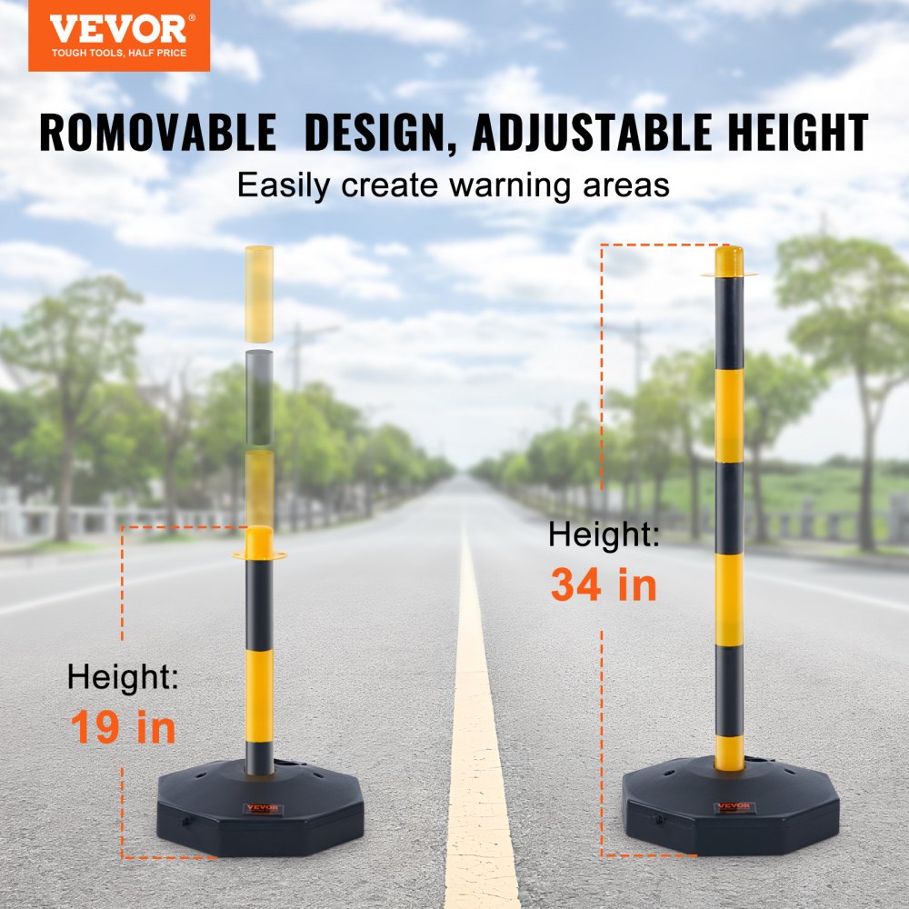 VEVOR Adjustable Traffic Delineator Post Cones, 4 Pack, Traffic Safety Delineator Barrier with Fillable Base 8FT Chain, for Traffic Control Warning Parking Lot Construction Caution Roads, Yellow&Black 