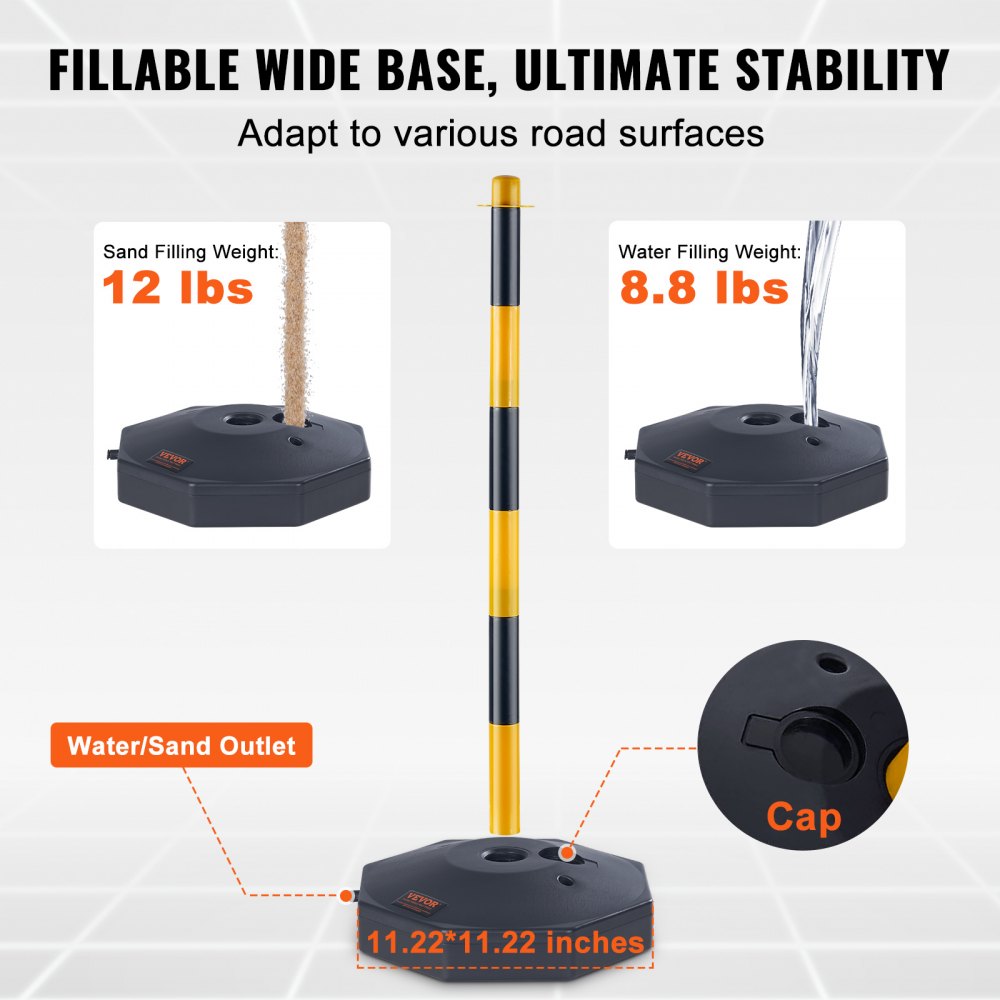 VEVOR Adjustable Traffic Delineator Post Cones, 4 Pack, Traffic Safety Delineator Barrier with Fillable Base 8FT Chain, for Traffic Control Warning Parking Lot Construction Caution Roads, Yellow&Black 