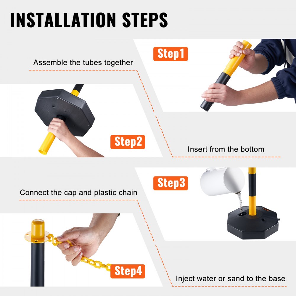 VEVOR Adjustable Traffic Delineator Post Cones, 4 Pack, Traffic Safety Delineator Barrier with Fillable Base 8FT Chain, for Traffic Control Warning Parking Lot Construction Caution Roads, Yellow&Black 