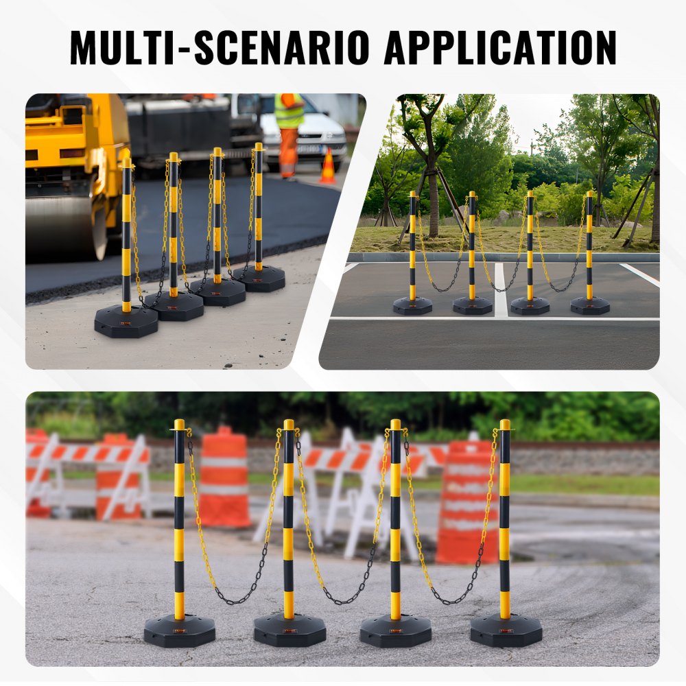 VEVOR Adjustable Traffic Delineator Post Cones, 6 Pack, Traffic Safety Delineator Barrier with Fillable Base 6.6FT Chain, for Traffic Control Warning Parking Lot Construction Caution Roads, Red&White 