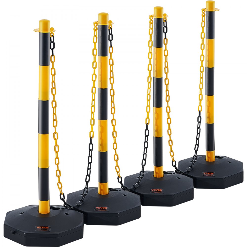 VEVOR Adjustable Traffic Delineator Post Cones, 4 Pack, Traffic Safety Delineator Barrier with Fillable Base 8FT Chain, for Traffic Control Warning Parking Lot Construction Caution Roads, Yellow&Black 