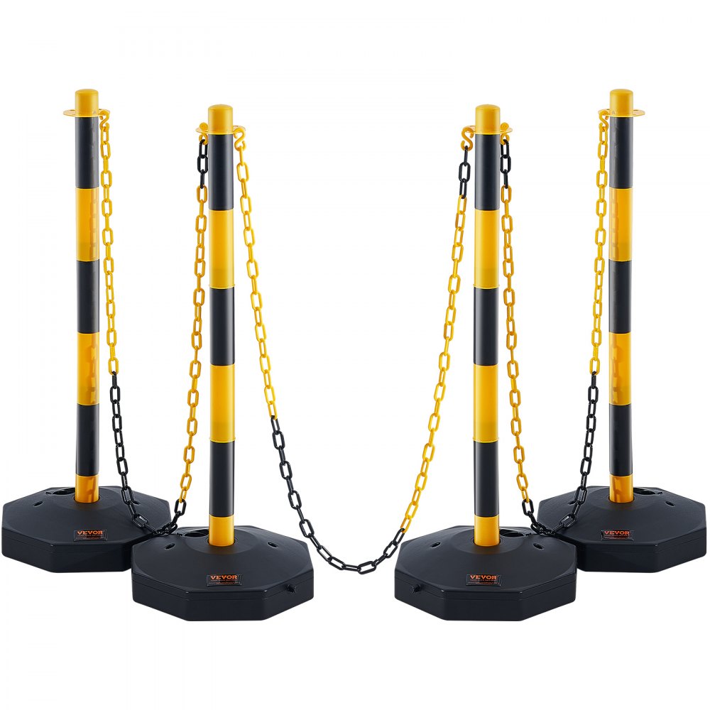 VEVOR Adjustable Traffic Delineator Post Cones, 4 Pack, Traffic Safety Delineator Barrier with Fillable Base 8FT Chain, for Traffic Control Warning Parking Lot Construction Caution Roads, Yellow&Black 