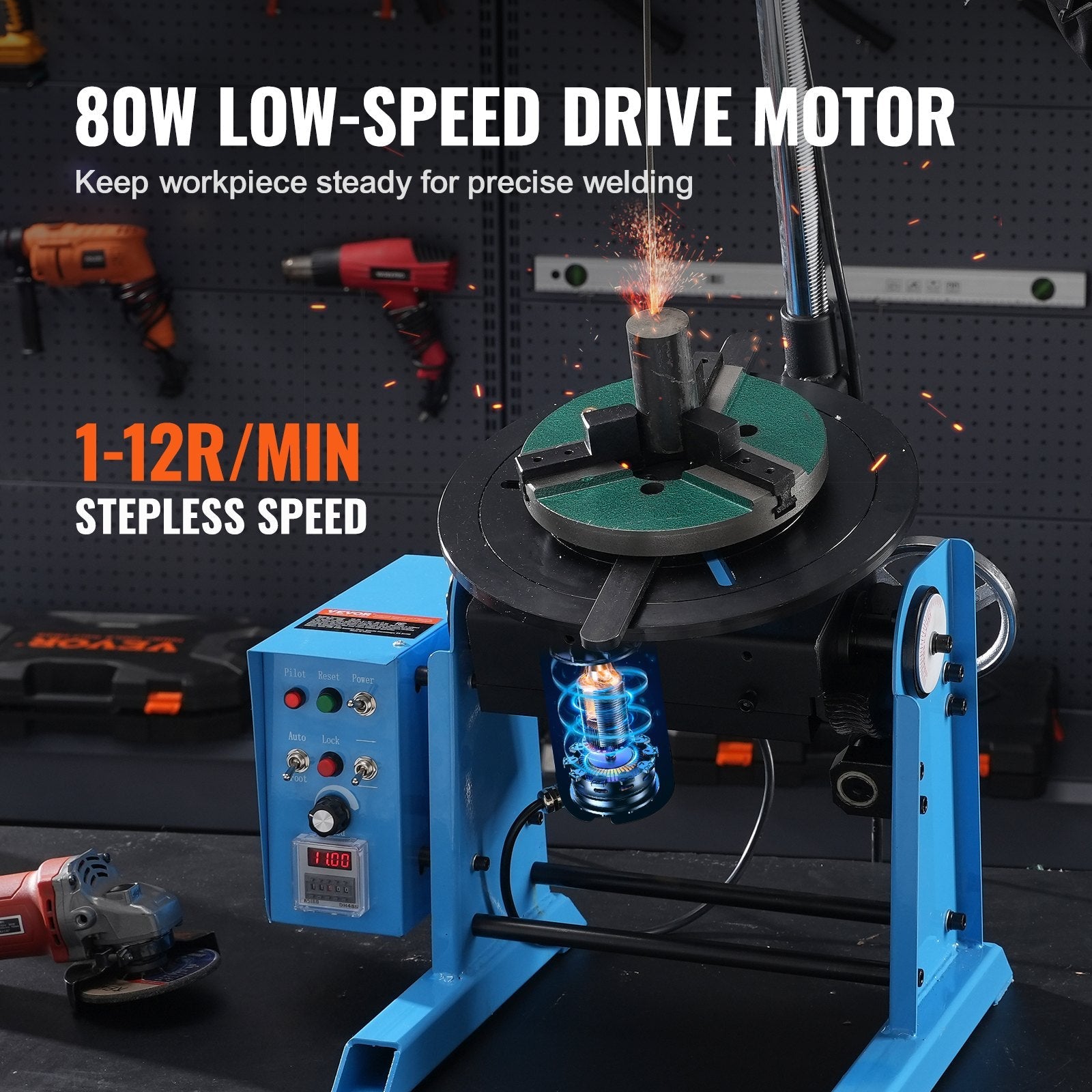 VEVOR Rotary Welding Positioner 30KG, 0-90° Welding Positioning Turntable Table 1-12RPM 80W, with 12.4 Inch 3-Jaw Lathe Chuck & Welding Torch Stand Holder for Cutting, Grinding, Assembly, Testing 