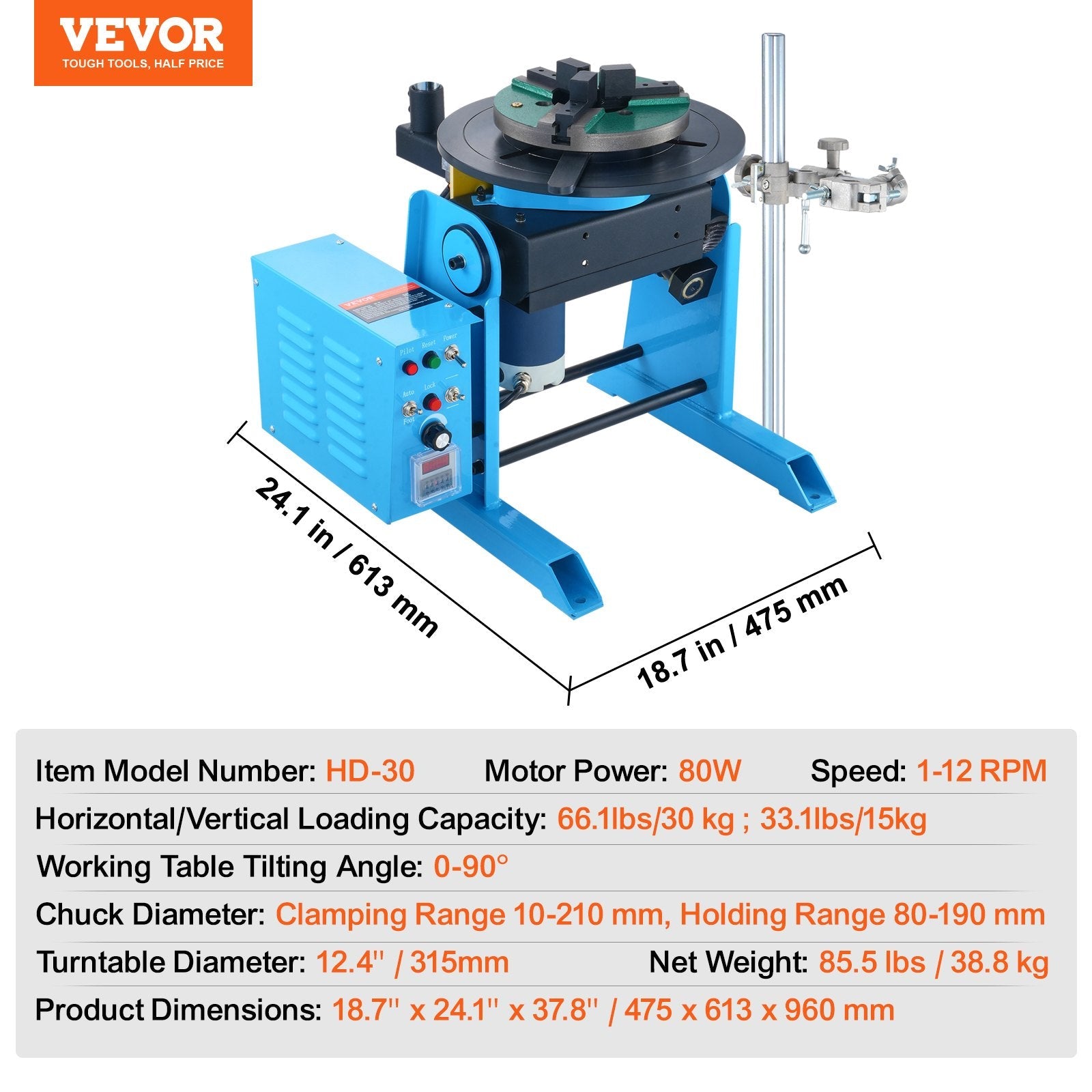 VEVOR Rotary Welding Positioner 30KG, 0-90° Welding Positioning Turntable Table 1-12RPM 80W, with 12.4 Inch 3-Jaw Lathe Chuck & Welding Torch Stand Holder for Cutting, Grinding, Assembly, Testing 
