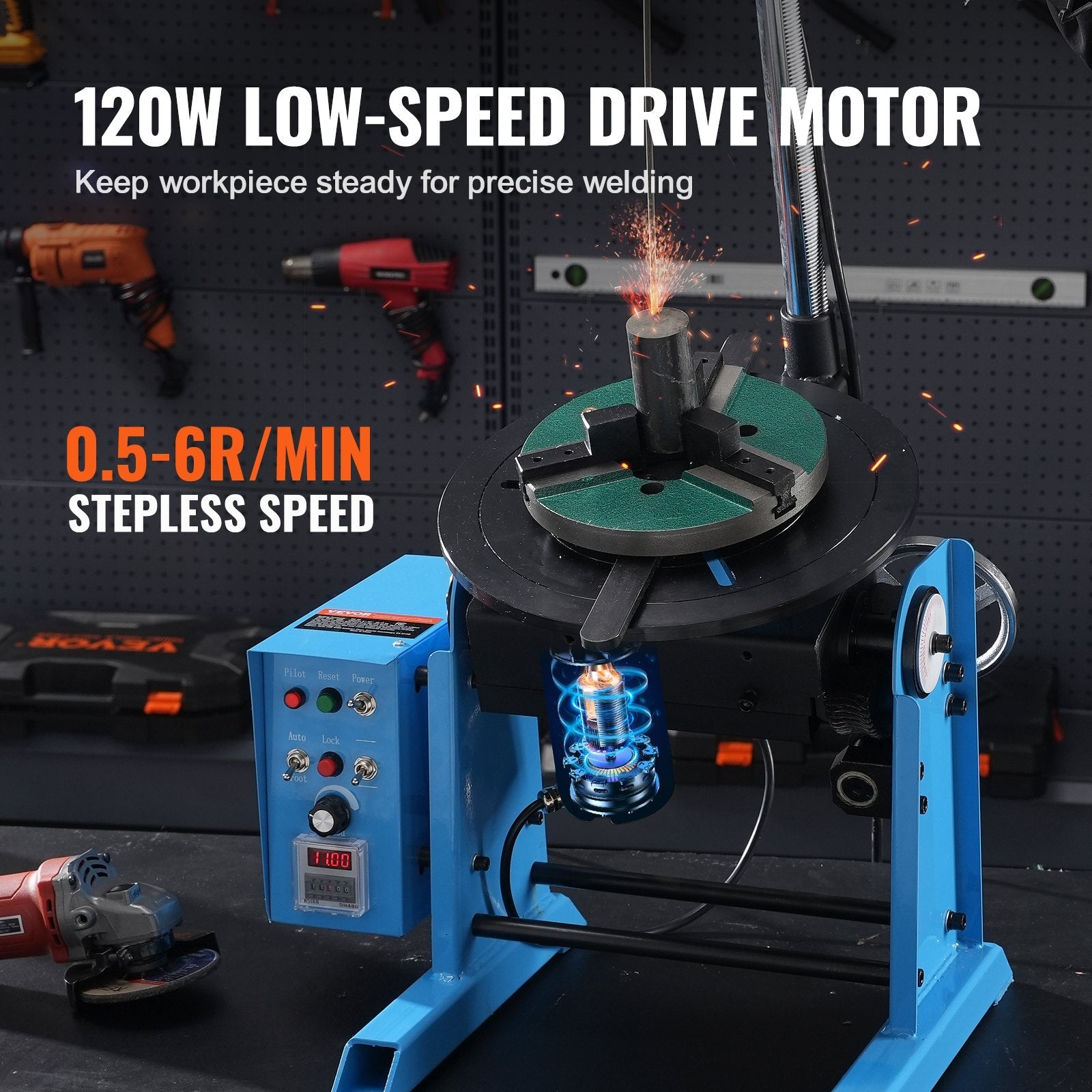VEVOR Rotary Welding Positioner 50KG, 0-90° Welding Positioning Turntable Table 0.5-6RPM 120W, with 12.4 Inch 3-Jaw Lathe Chuck & Welding Torch Stand Holder for Cutting, Grinding, Assembly, Testing 
