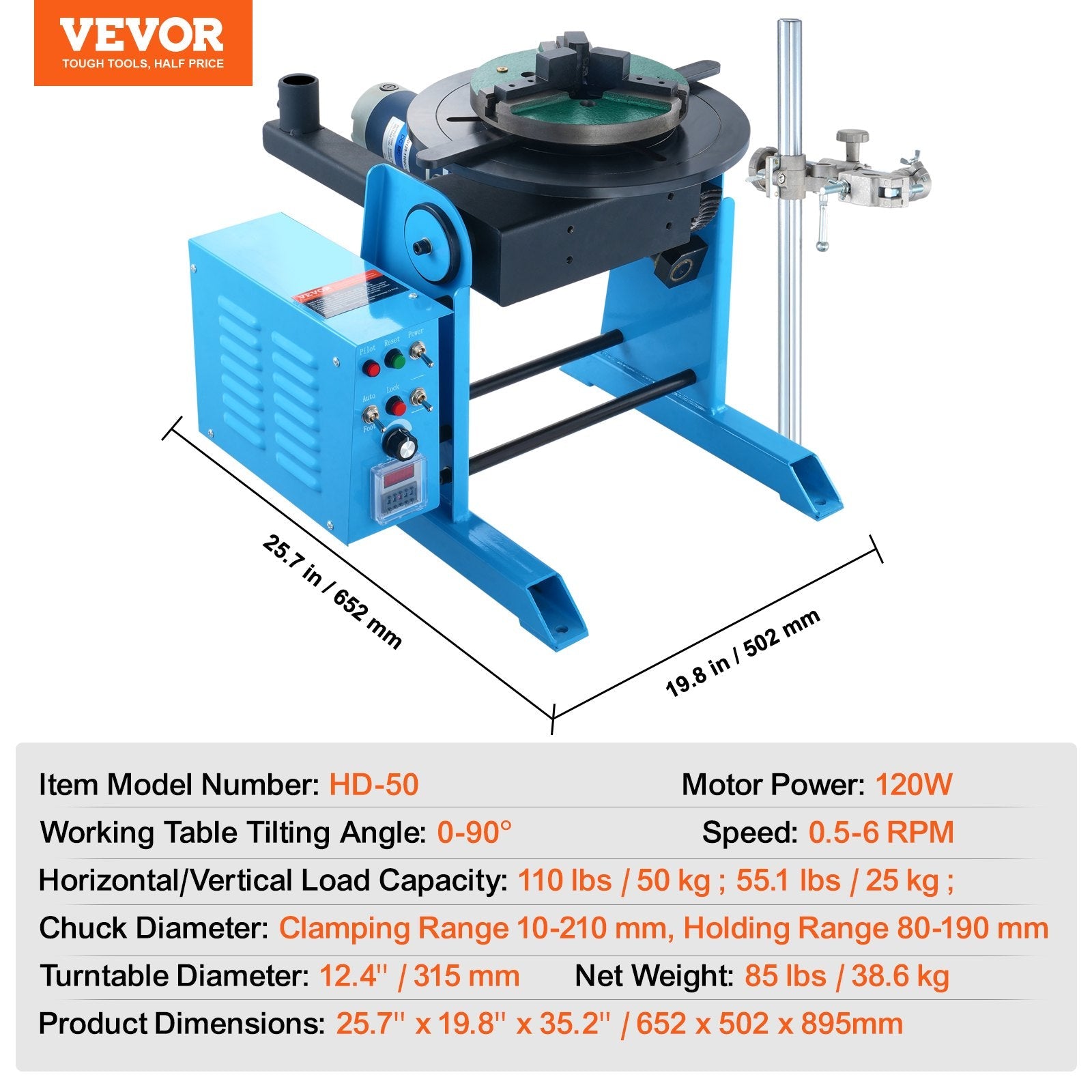 VEVOR Rotary Welding Positioner 50KG, 0-90° Welding Positioning Turntable Table 0.5-6RPM 120W, with 12.4 Inch 3-Jaw Lathe Chuck & Welding Torch Stand Holder for Cutting, Grinding, Assembly, Testing 