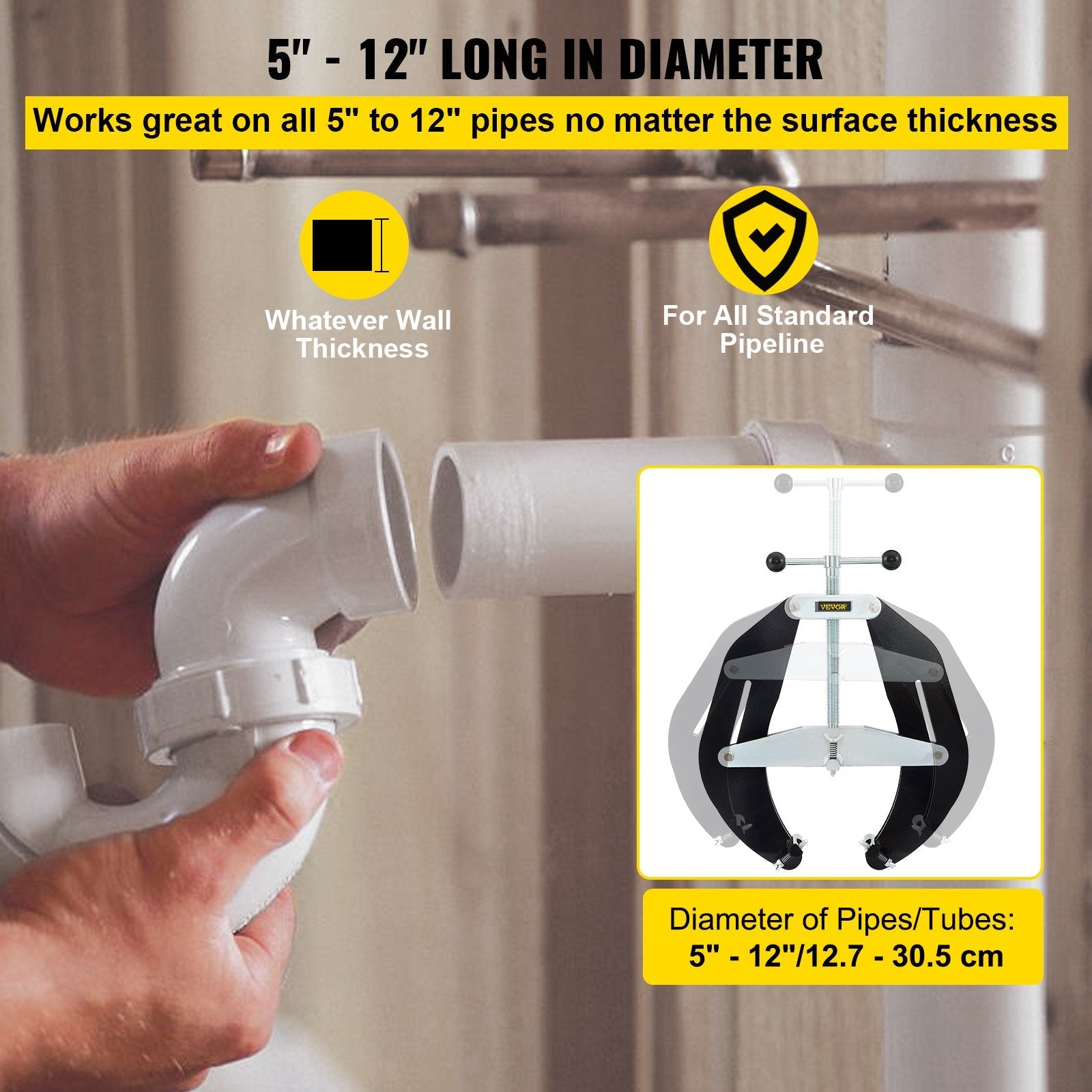 VEVOR Ultra Clamp, 5 to 12 In Diameter, High Strength Pipe Clamp with Quick Acting Screws, Steel Pipe Alignment Tool with Lightweight Design, Black 