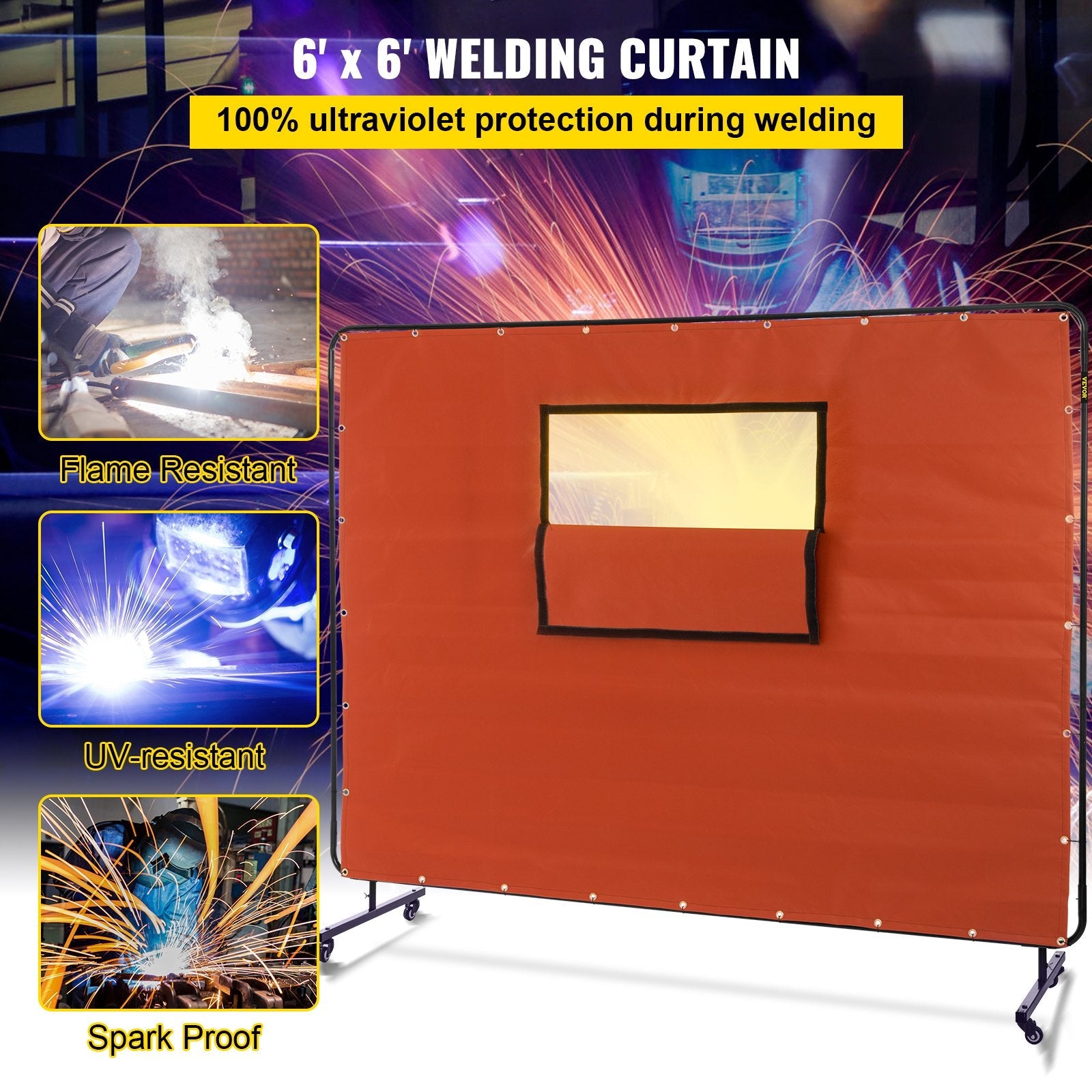 VEVOR Welding Curtain, 6' x 8', Welding Screen with Metal Frame & 4 Wheels, Fireproof Fiberglass w/ Transparent Window, for Workshop, Industrial Site, Red 