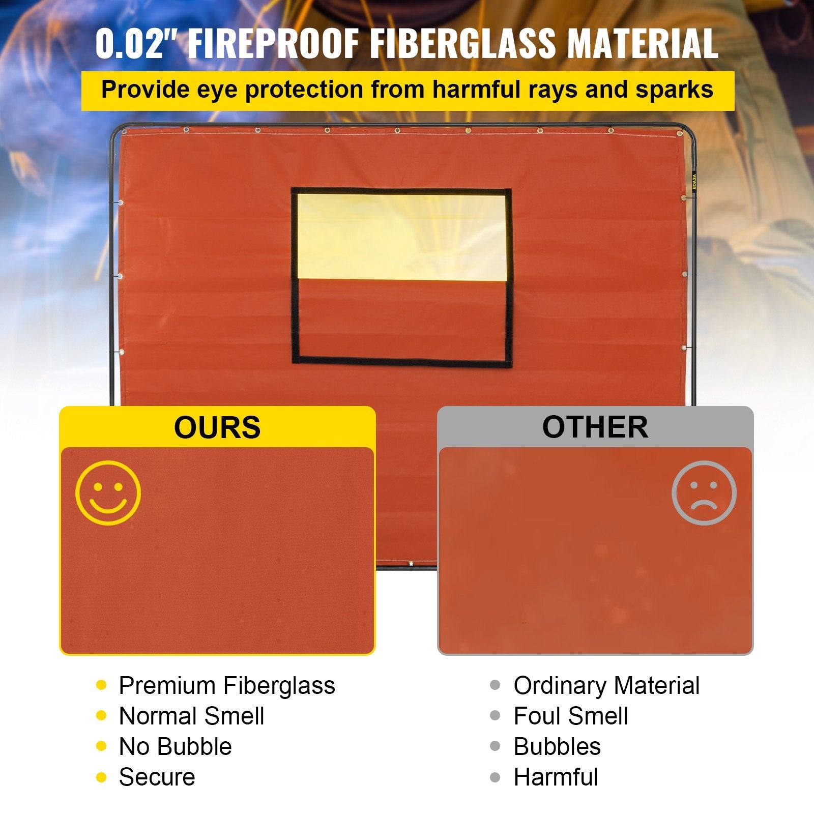 VEVOR Welding Curtain, 6' x 8', Welding Screen with Metal Frame & 4 Wheels, Fireproof Fiberglass w/ Transparent Window, for Workshop, Industrial Site, Red 