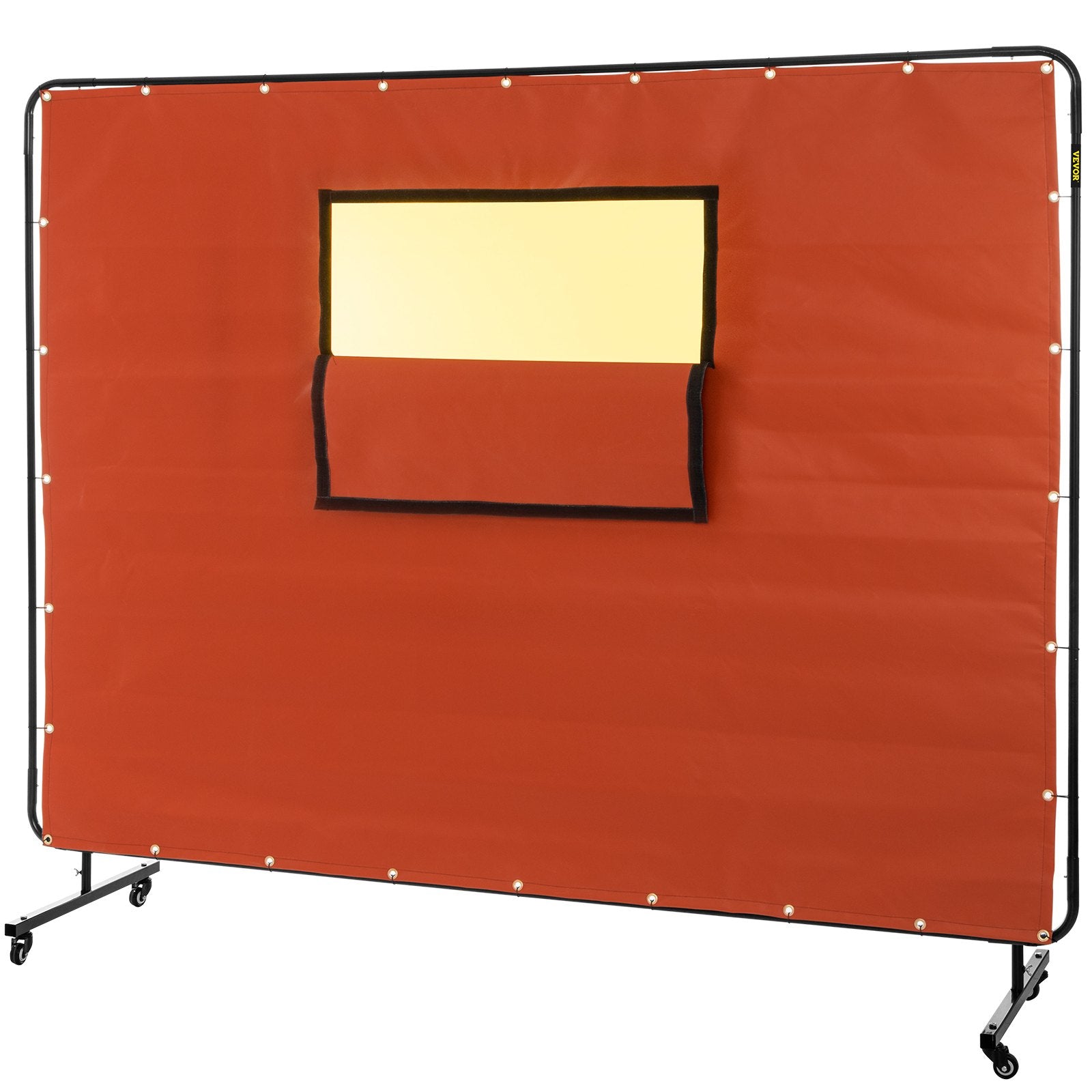 VEVOR Welding Curtain, 6' x 8', Welding Screen with Metal Frame & 4 Wheels, Fireproof Fiberglass w/ Transparent Window, for Workshop, Industrial Site, Red 
