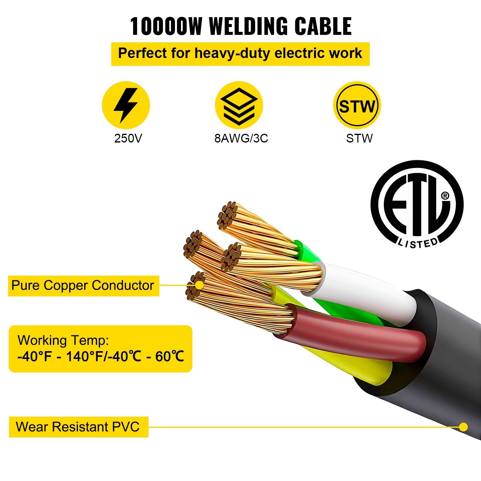 VEVOR Welding Extension Cord, 25 FT 40 AMP, 6-50P/6-50R 8/3 Heavy Duty Welding Cord, 8AWG 250V Welding Machine Cord, Suitable for MIG,Lincoln,Plasma,Miller,TIG 