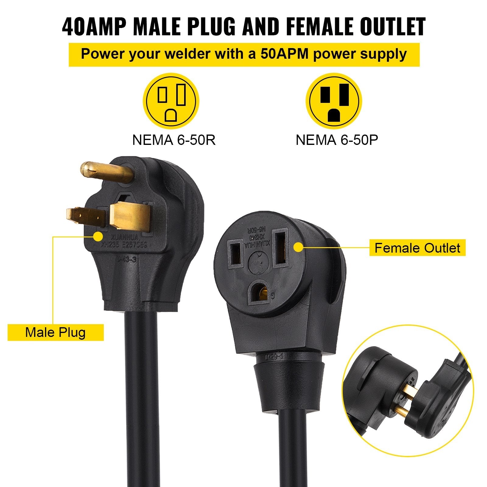 VEVOR Welding Extension Cord, 25 FT 40 AMP, 6-50P/6-50R 8/3 Heavy Duty Welding Cord, 8AWG 250V Welding Machine Cord, Suitable for MIG,Lincoln,Plasma,Miller,TIG 
