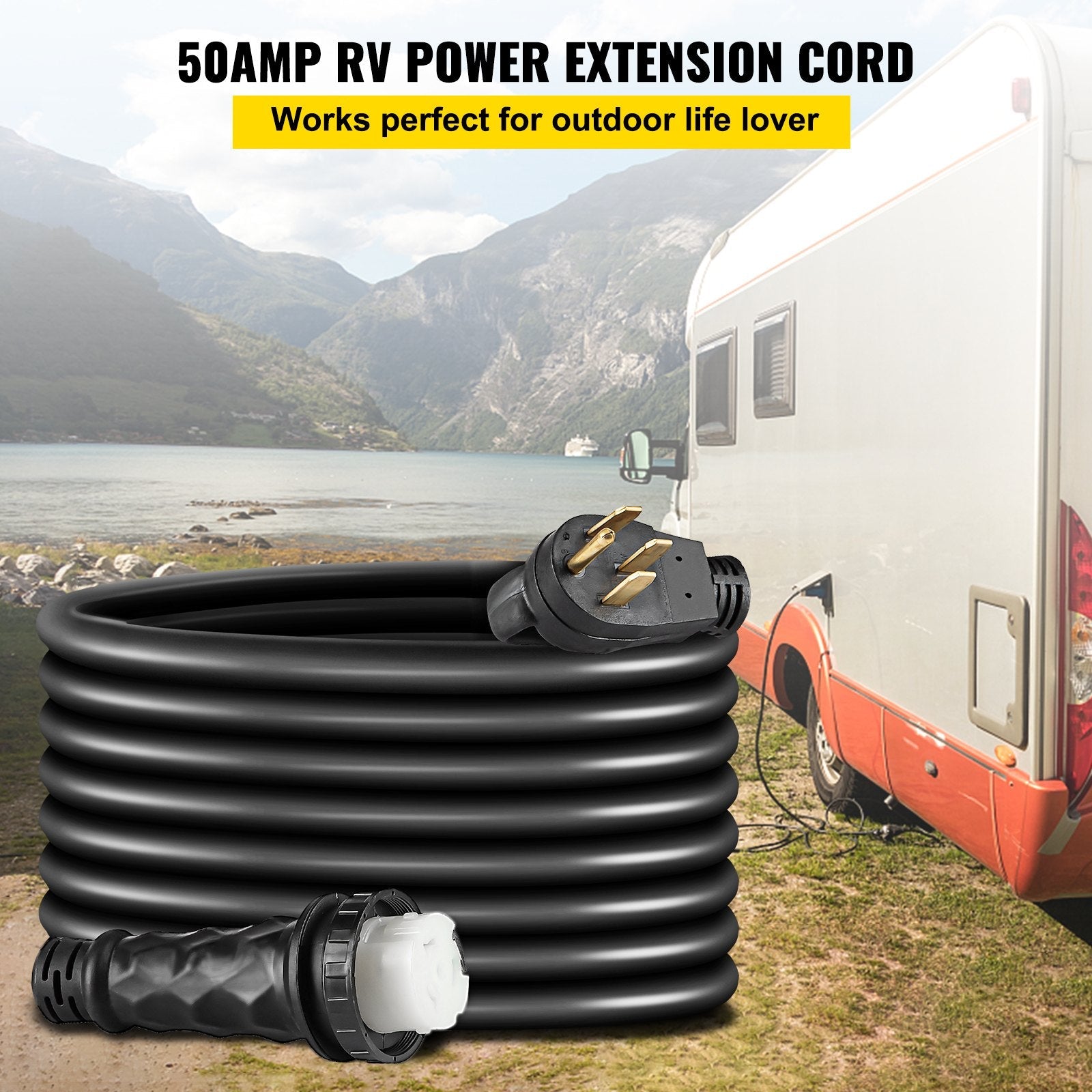 VEVOR RV Power Cord 50 ft 50 amp RV Extension Cord 14-50P to SS2-50R Rain Proof 