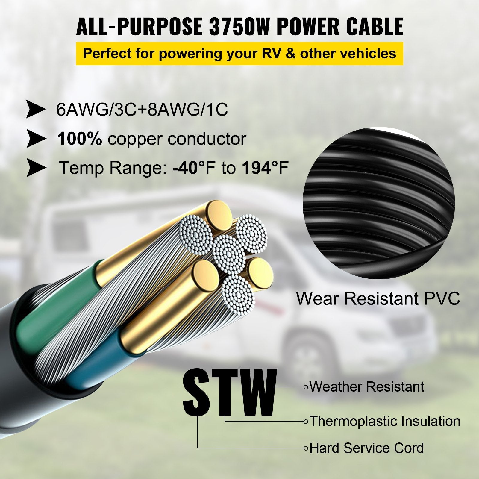 VEVOR RV Power Cord 50 ft 50 amp RV Extension Cord 14-50P to SS2-50R Rain Proof 