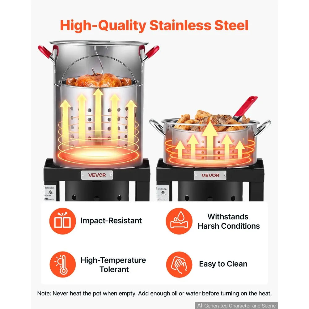 30 Qt Turkey Fryer & 10 Qt Seafood Boiler Set, Stainless Steel Pots with 54,000 BTU Propane Burner, Basket & Stand