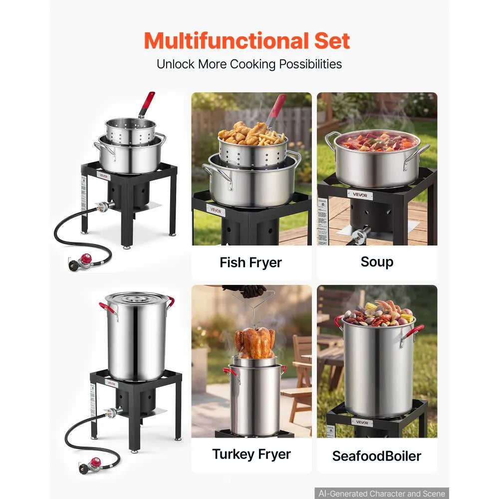 30 Qt Turkey Fryer & 10 Qt Seafood Boiler Set, Stainless Steel Pots with 54,000 BTU Propane Burner, Basket & Stand