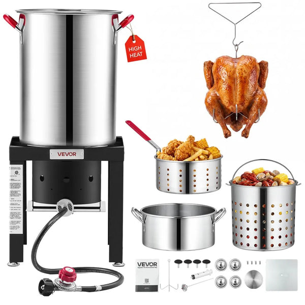 30 Qt Turkey Fryer & 10 Qt Seafood Boiler Set, Stainless Steel Pots with 54,000 BTU Propane Burner, Basket & Stand