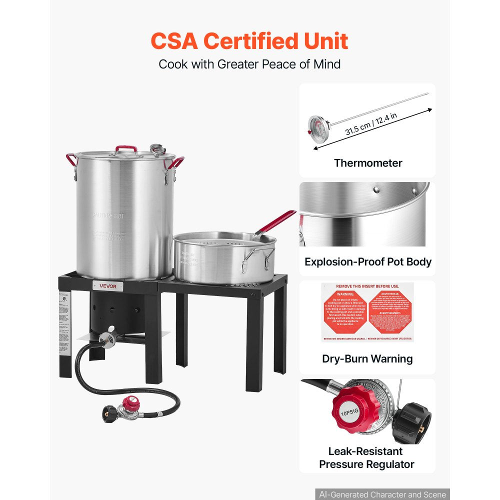 30 Qt Turkey Fryer & 10 Qt Seafood Boiler Set with Side Table, Aluminum Pots & 54,000 BTU Propane Burner