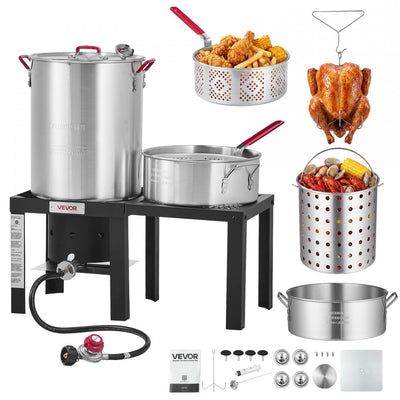 30 Qt Turkey Fryer & 10 Qt Seafood Boiler Set with Side Table, Aluminum Pots & 54,000 BTU Propane Burner