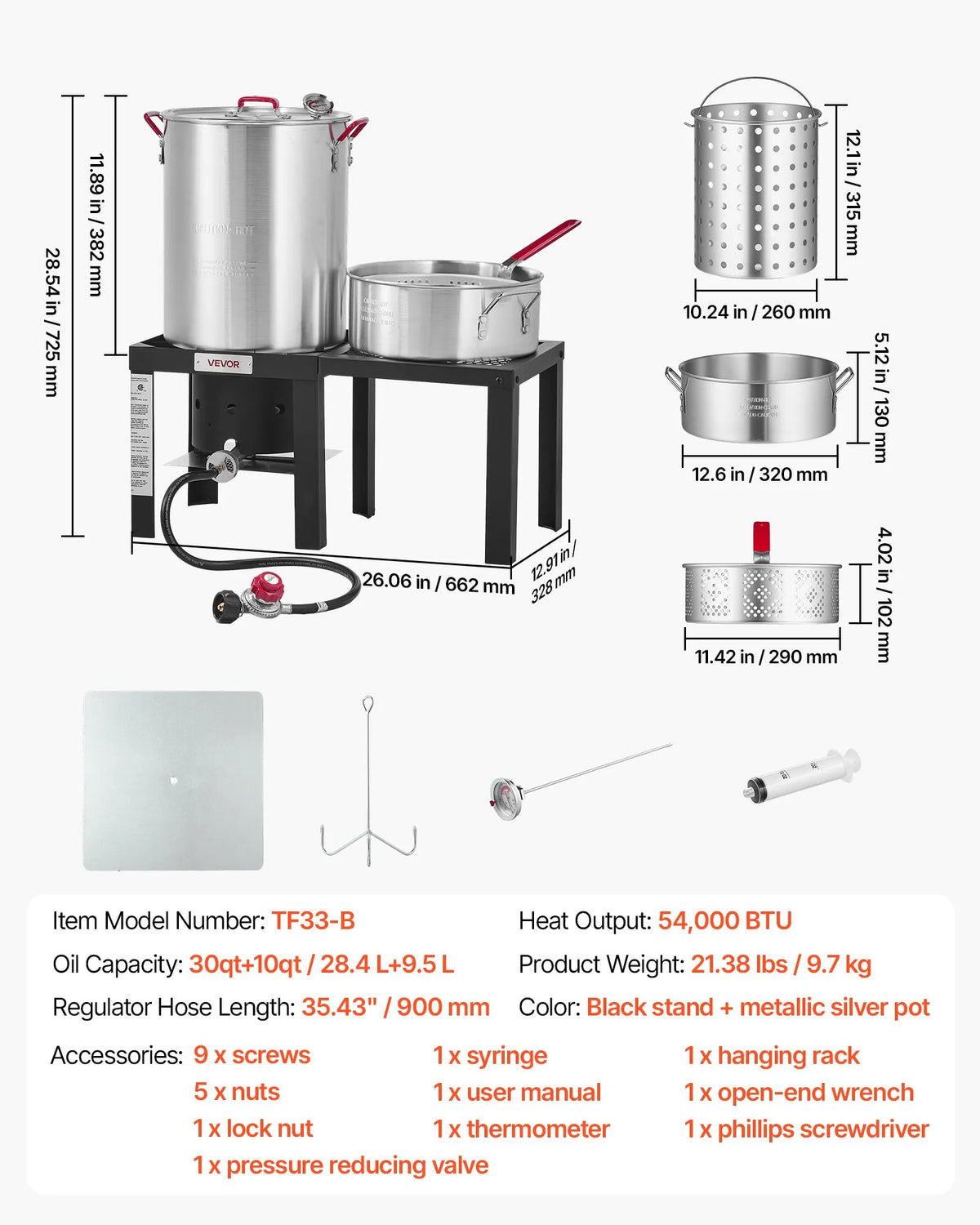30 Qt Turkey Fryer & 10 Qt Seafood Boiler Set with Side Table, Aluminum Pots & 54,000 BTU Propane Burner