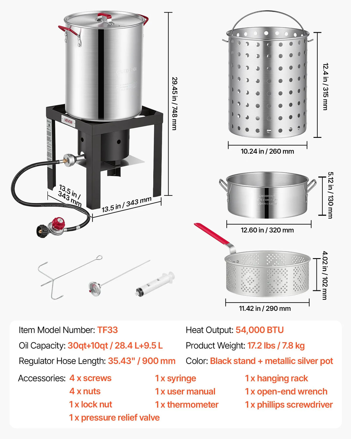30 Qt Turkey Fryer & 10 Qt Seafood Boiler Set with 54,000 BTU Propane Burner, Basket & Stand - Aluminum
