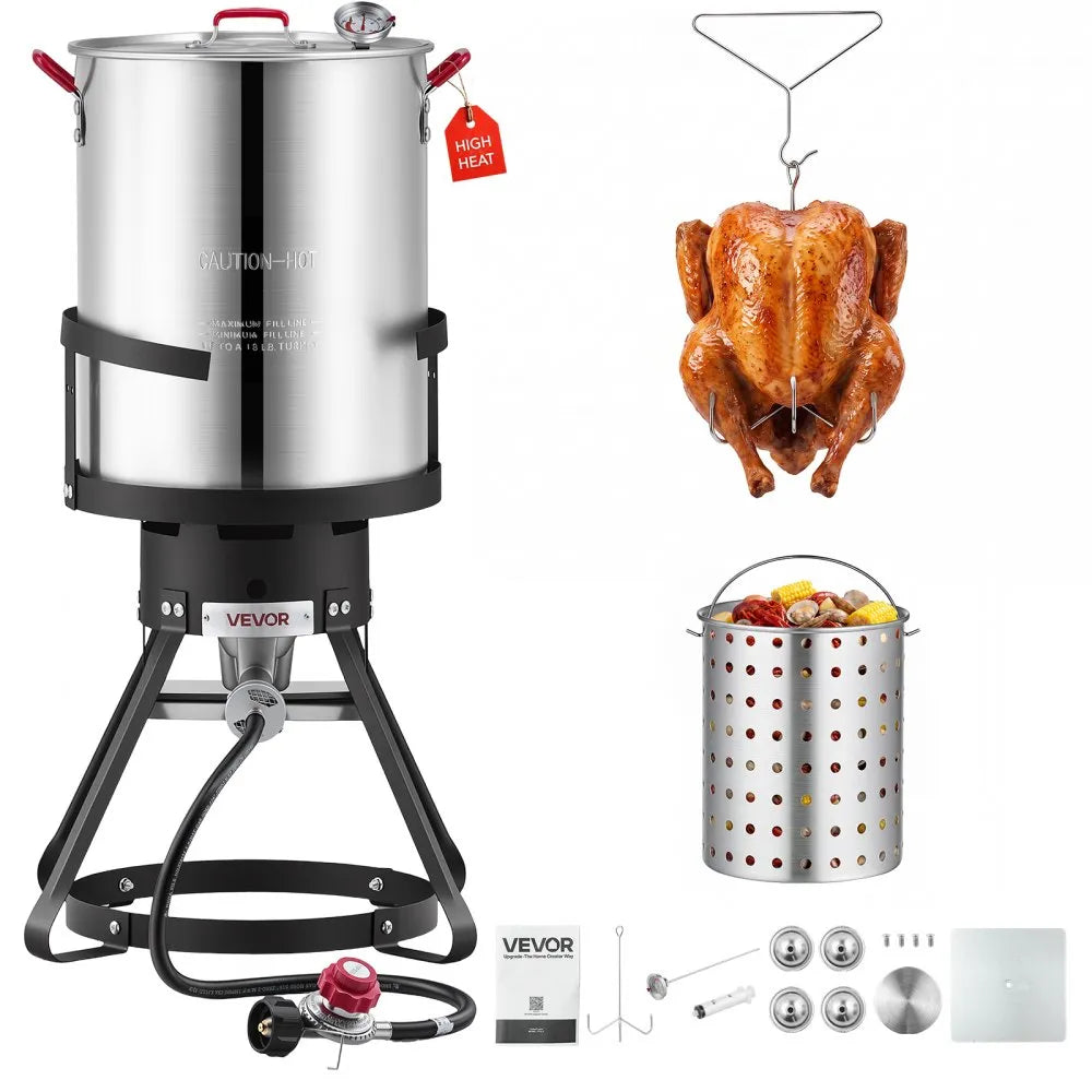 30 QT Turkey Fryer & Seafood Boiler Set with 54,000 BTU Propane Burner, Basket & Stand