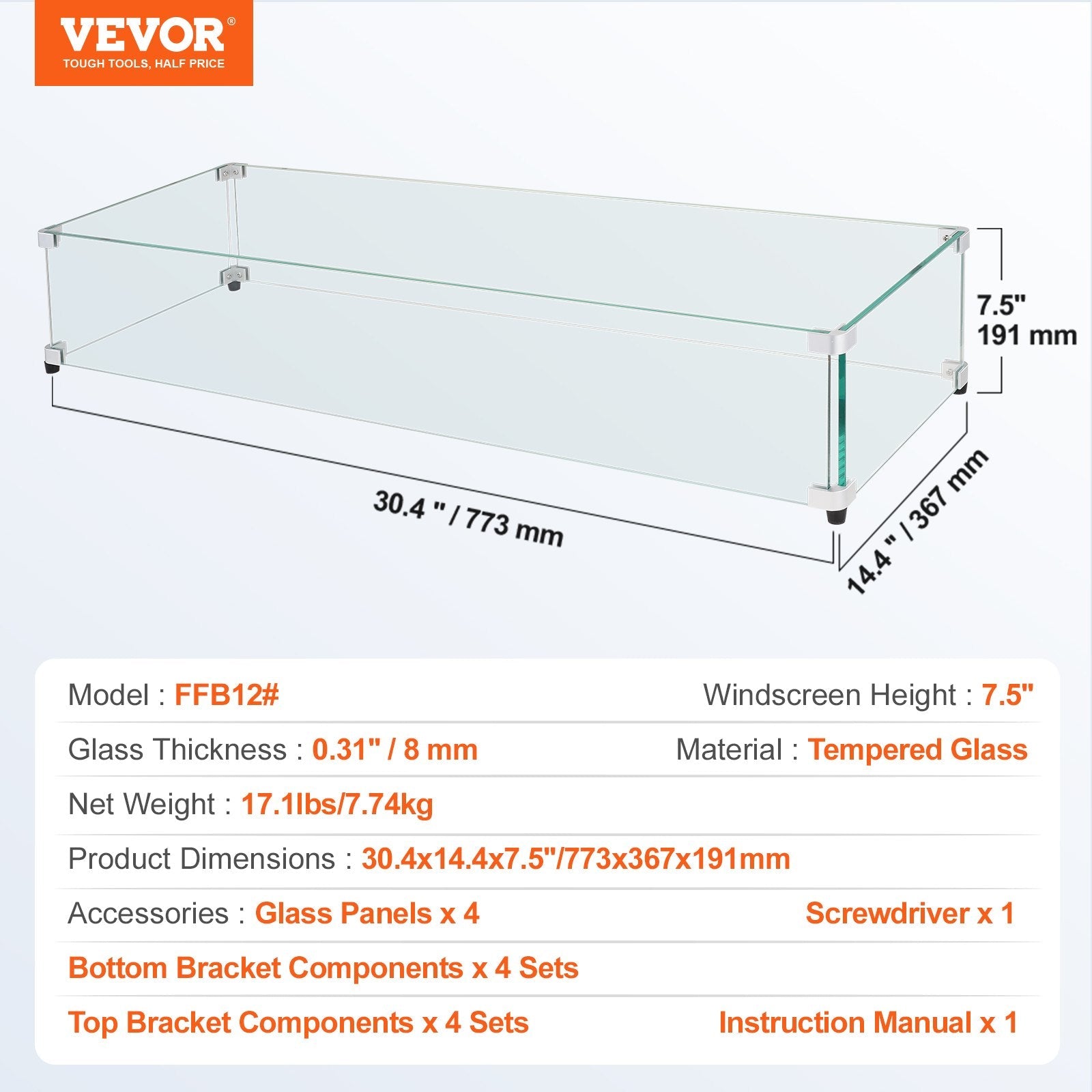 VEVOR Glass Wind Guard for Rectangular Fire Pit Table 30 x 14 x 7.5 Inch, 0.31 inch Thick and Sturdy Tempered Glass Panel with Hard Aluminum Corner Bracket & Rubber Feet, Easy to Assemble 