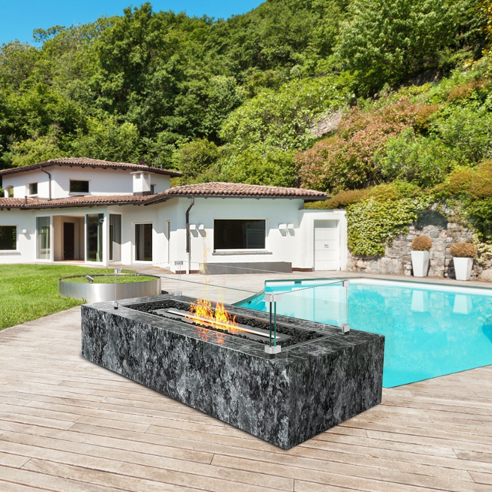 VEVOR Glass Wind Guard for Rectangular Fire Pit Table 44 x 14 x 7.5 Inch, 0.31 inch Thick and Sturdy Tempered Glass Panel with Hard Aluminum Corner Bracket & Rubber Feet, Easy to Assemble 