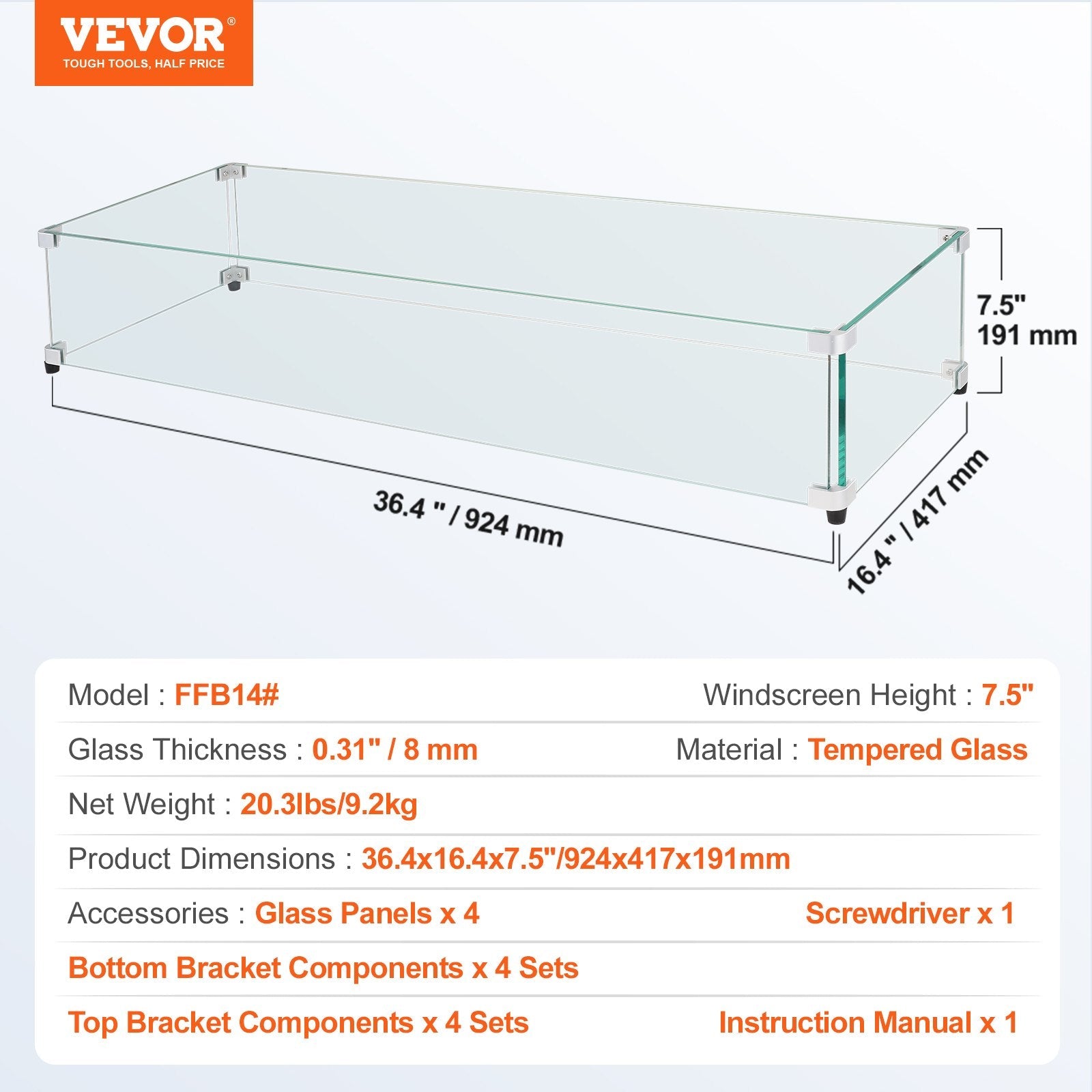 VEVOR Glass Wind Guard for Rectangular Fire Pit Table 36 x 16 x 7.5 Inch, 0.31 inch Thick and Sturdy Tempered Glass Panel with Hard Aluminum Corner Bracket & Rubber Feet, Easy to Assemble 