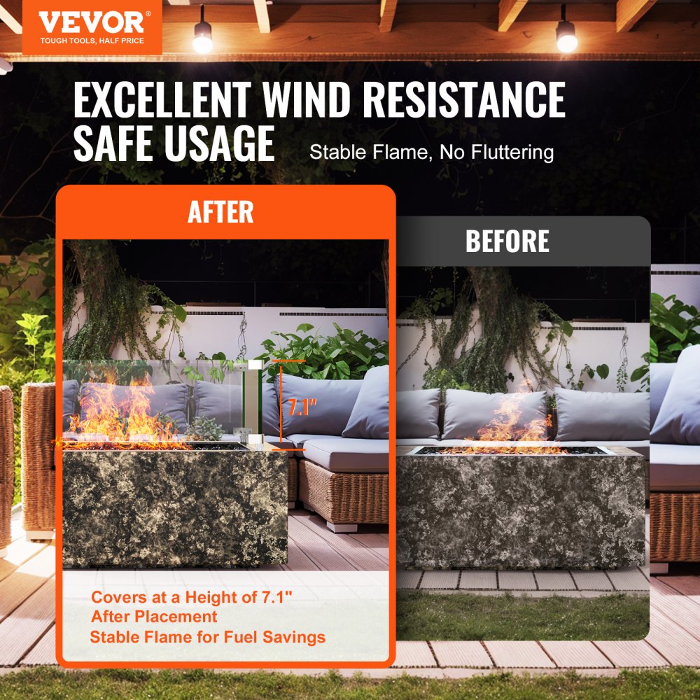 VEVOR Gas Fire Pit Wind Guard for Square Fire Table, 15 x 15 x 7 inch Clear Tempered Wind Guard for Firepits, 0.31 inch Thick Square Glass Shield, Glass Panel with Hard Corner Bracket & Feet 