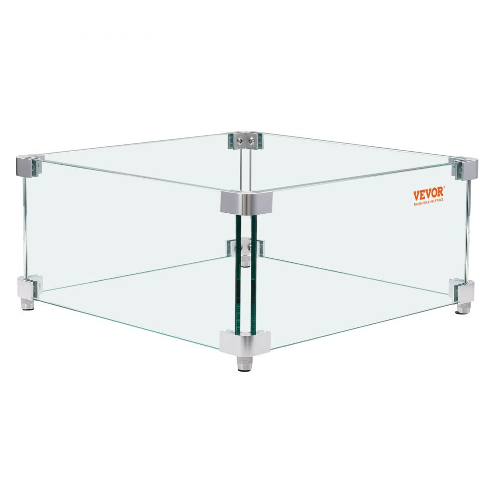 VEVOR Gas Fire Pit Wind Guard for Square Fire Table, 15 x 15 x 7 inch Clear Tempered Wind Guard for Firepits, 0.31 inch Thick Square Glass Shield, Glass Panel with Hard Corner Bracket & Feet 