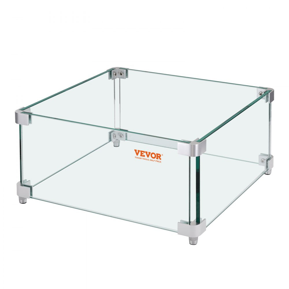 VEVOR Gas Fire Pit Wind Guard for Square Fire Table, 15 x 15 x 7 inch Clear Tempered Wind Guard for Firepits, 0.31 inch Thick Square Glass Shield, Glass Panel with Hard Corner Bracket & Feet 