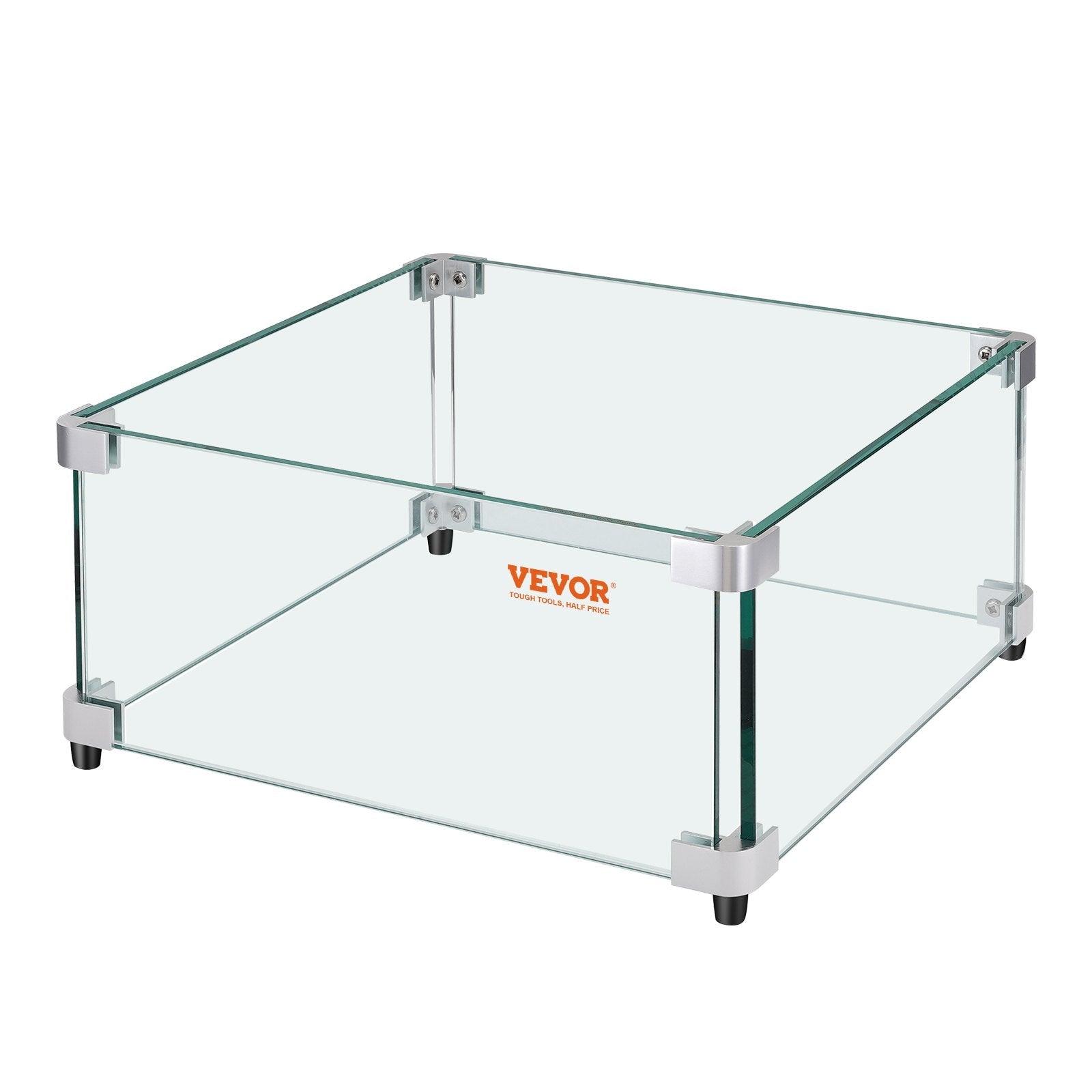 VEVOR Gas Fire Pit Wind Guard for Square Fire Table, 21 x 21 x 7.5 inch Clear Tempered Wind Guard for Firepits, 0.31 inch Thick Square Glass Shield, Glass Panel with Hard Corner Bracket & Feet 
