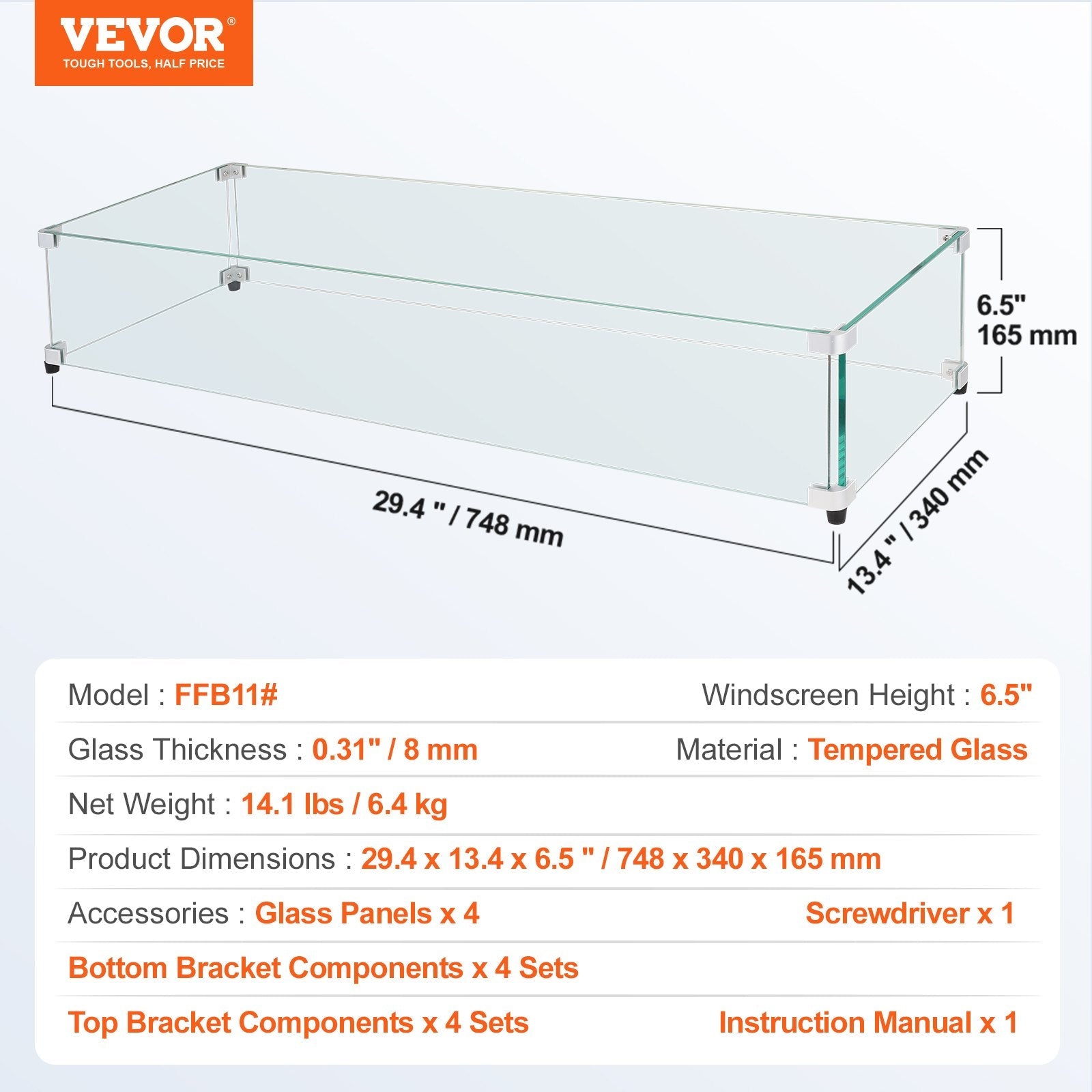 VEVOR Glass Wind Guard for Rectangular Fire Pit Table 29 x 13 x 6.5 Inch, 0.31 inch Thick and Sturdy Tempered Glass Panel with Hard Aluminum Corner Bracket & Rubber Feet, Easy to Assemble 