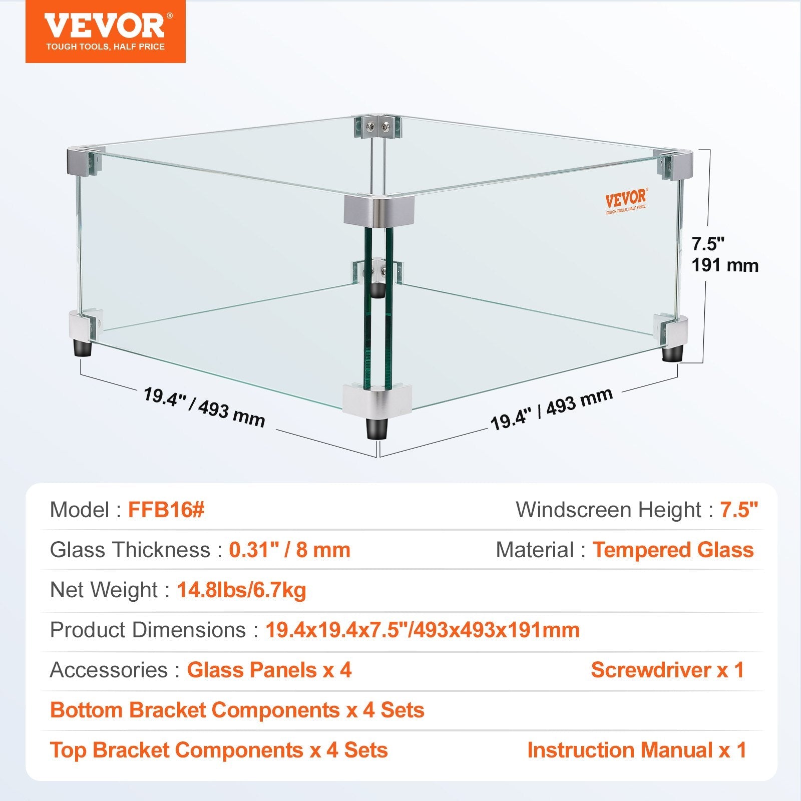 VEVOR Gas Fire Pit Wind Guard for Square Fire Table, 19 x 19 x 7.5 inch Clear Tempered Wind Guard for Firepits, 0.31 inch Thick Square Glass Shield, Glass Panel with Hard Corner Bracket & Feet 