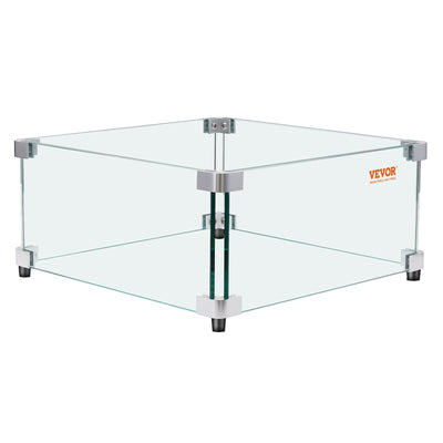VEVOR Gas Fire Pit Wind Guard for Square Fire Table, 19 x 19 x 7.5 inch Clear Tempered Wind Guard for Firepits, 0.31 inch Thick Square Glass Shield, Glass Panel with Hard Corner Bracket & Feet 