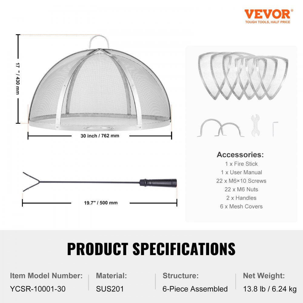 VEVOR Firepit Spark Screen Lid, 30" Diameter, Outdoor Firepit Ring Cover Round Accessories, Fire Pit Metal Cover, Easy-Opening Stainless Steel Fire Ring Covers for Outdoor Patio Fire Pits Backyard 