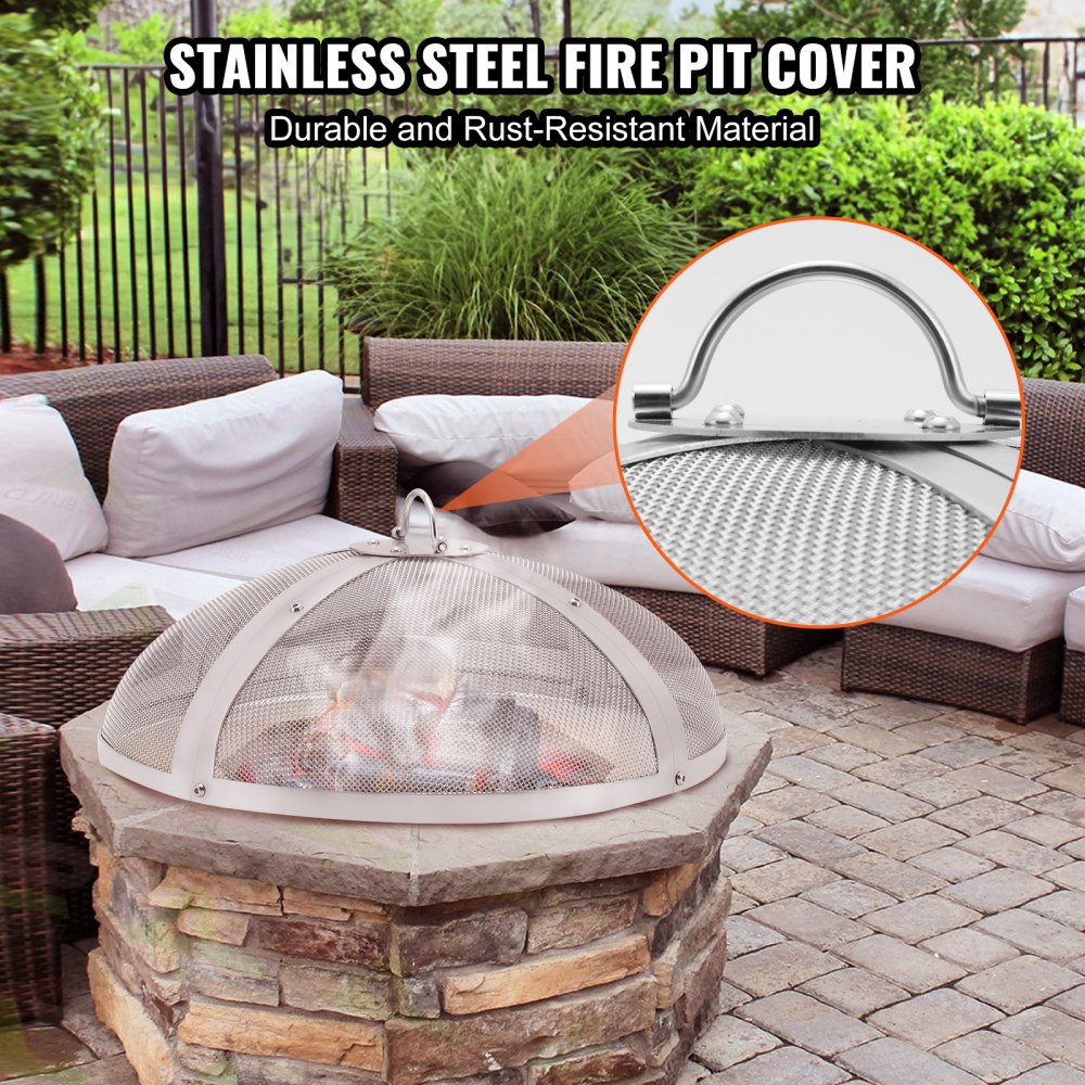 VEVOR Fire Pit Spark Screen Round 27", Reinforced Heavy Duty Steel Metal Cover, Outdoor Firepit Lid, Easy-Opening Top Screen Covers Round with Ring Handle for Outdoor Patio Fire Pits Backyard 