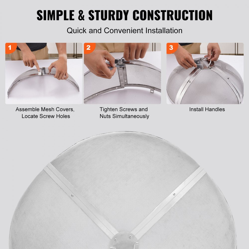 VEVOR Fire Pit Spark Screen Round 36", Reinforced Heavy Duty Steel Metal Cover, Outdoor Firepit Lid, Easy-Opening Top Screen Covers Round with Ring Handle for Outdoor Patio Fire Pits Backyard 