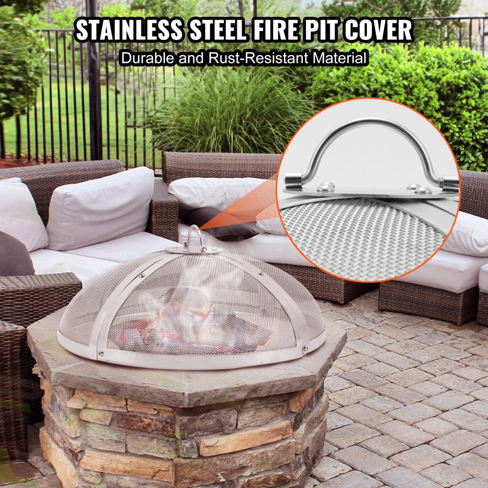 VEVOR Fire Pit Spark Screen Round 40", Reinforced Heavy Duty Steel Metal Cover, Outdoor Firepit Lid, Easy-Opening Top Screen Covers Round with Ring Handle for Outdoor Patio Fire Pits Backyard 
