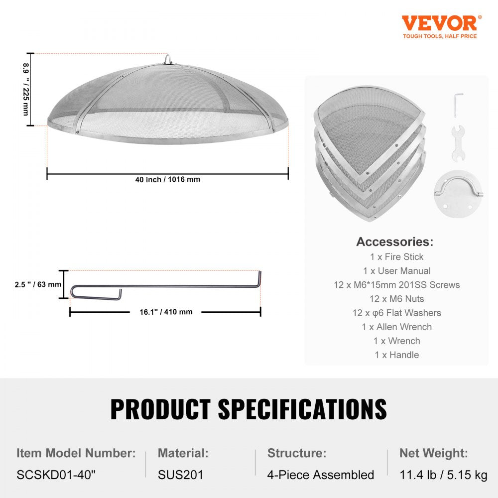 VEVOR Fire Pit Spark Screen Round 40", Reinforced Heavy Duty Steel Metal Cover, Outdoor Firepit Lid, Easy-Opening Top Screen Covers Round with Ring Handle for Outdoor Patio Fire Pits Backyard 