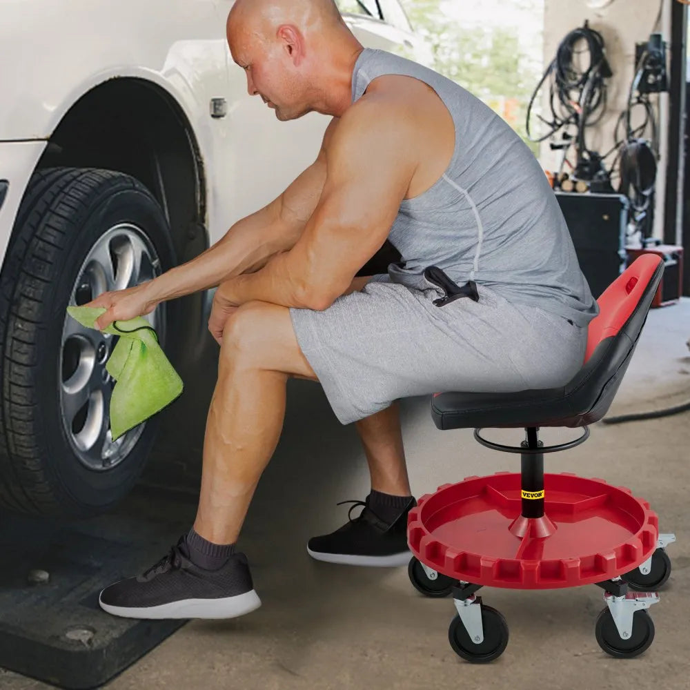 VEVOR Rolling Garage Stool, 300LBS Capacity, 18"-23" Adjustable Height Range, Mechanic Seat with Swivel Casters and Tool Tray, for Workshop, Auto Repair Shop, Red