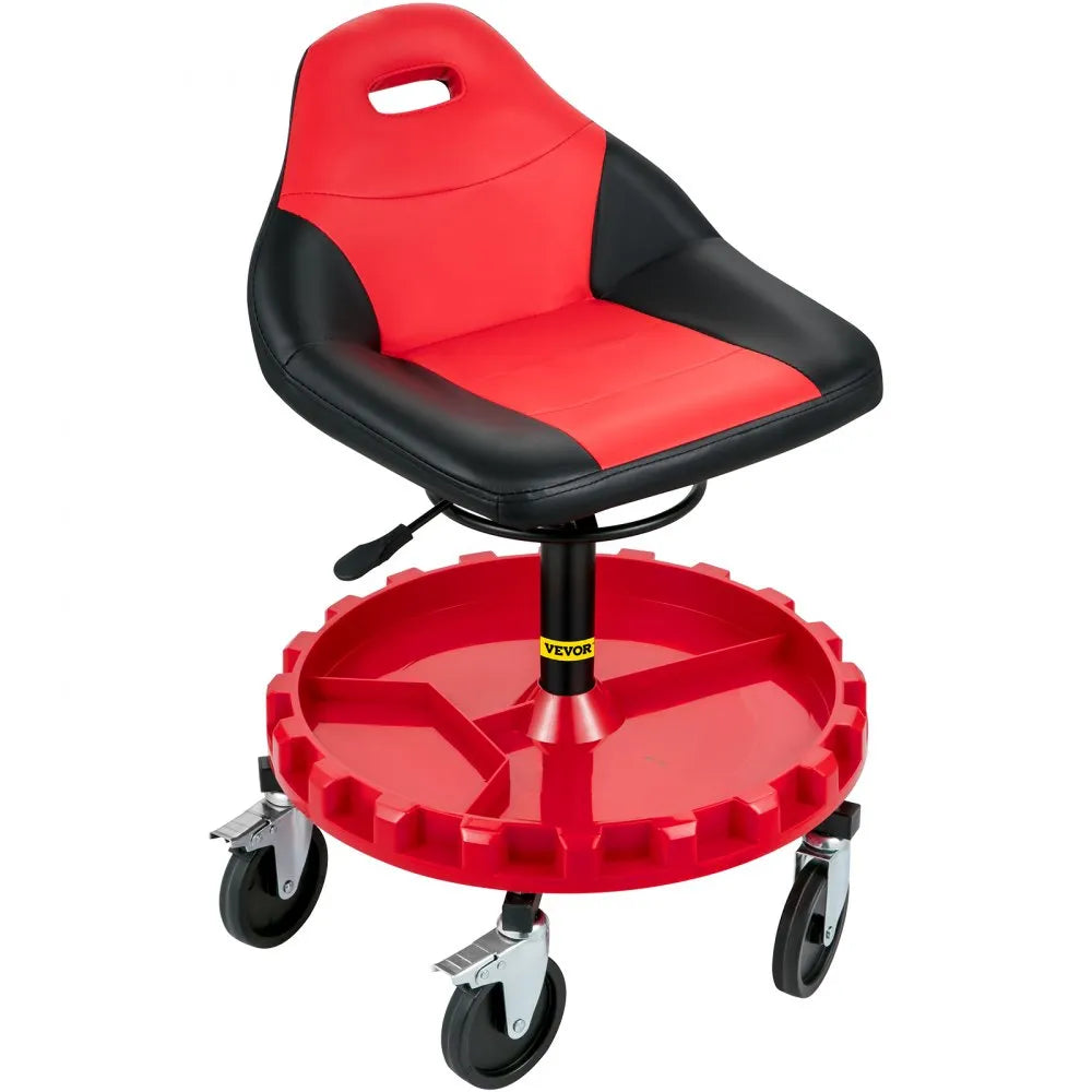 VEVOR Rolling Garage Stool, 300LBS Capacity, 18"-23" Adjustable Height Range, Mechanic Seat with Swivel Casters and Tool Tray, for Workshop, Auto Repair Shop, Red